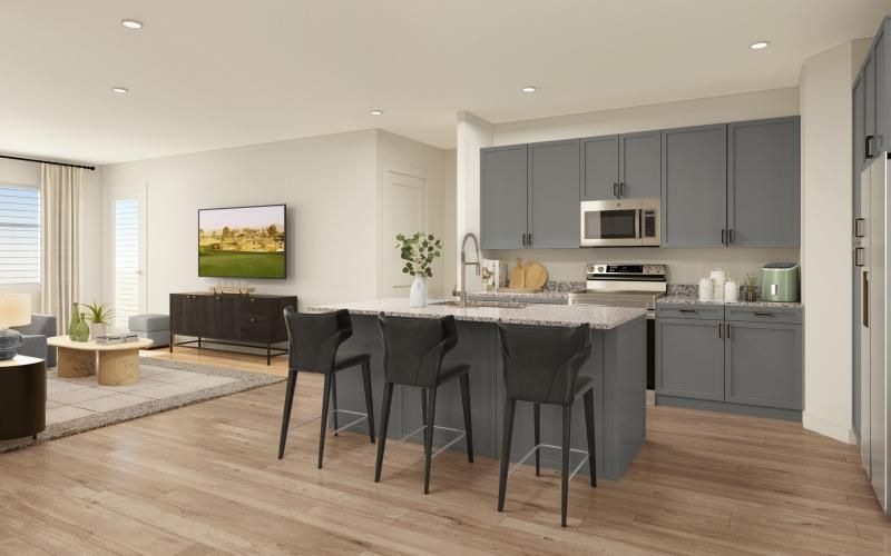 a kitchen with a wood floor