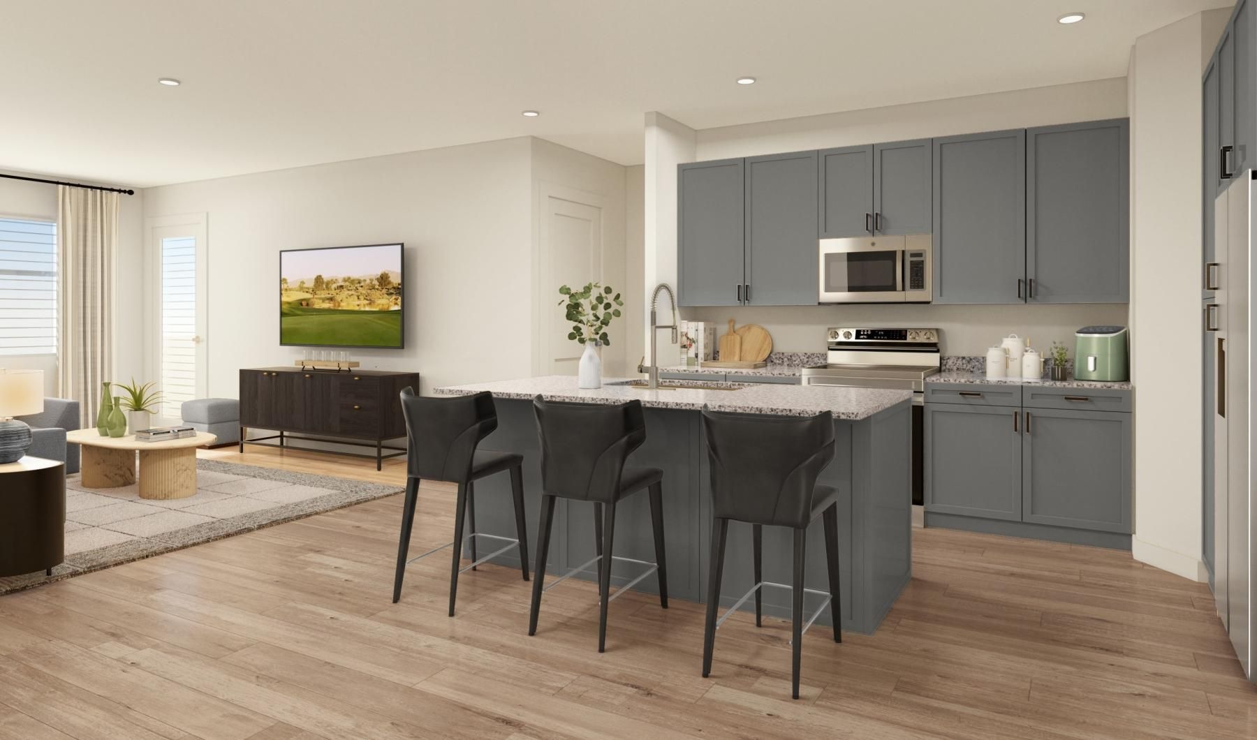 a kitchen with a wood floor